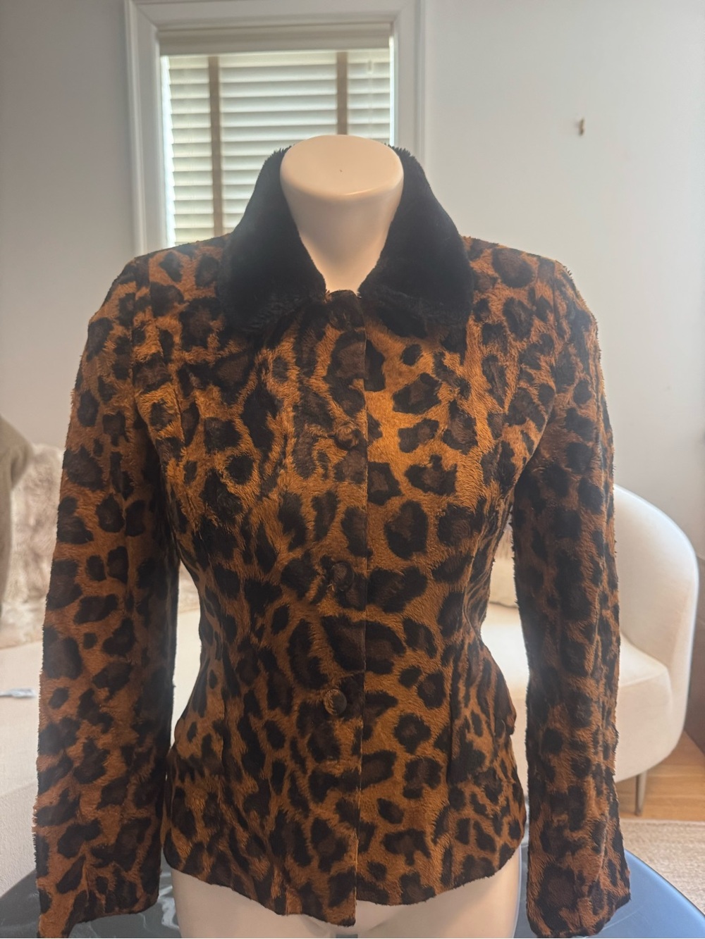 Vertigo Paris Brown Leopard Faux-Fur Jacket with Black Collar